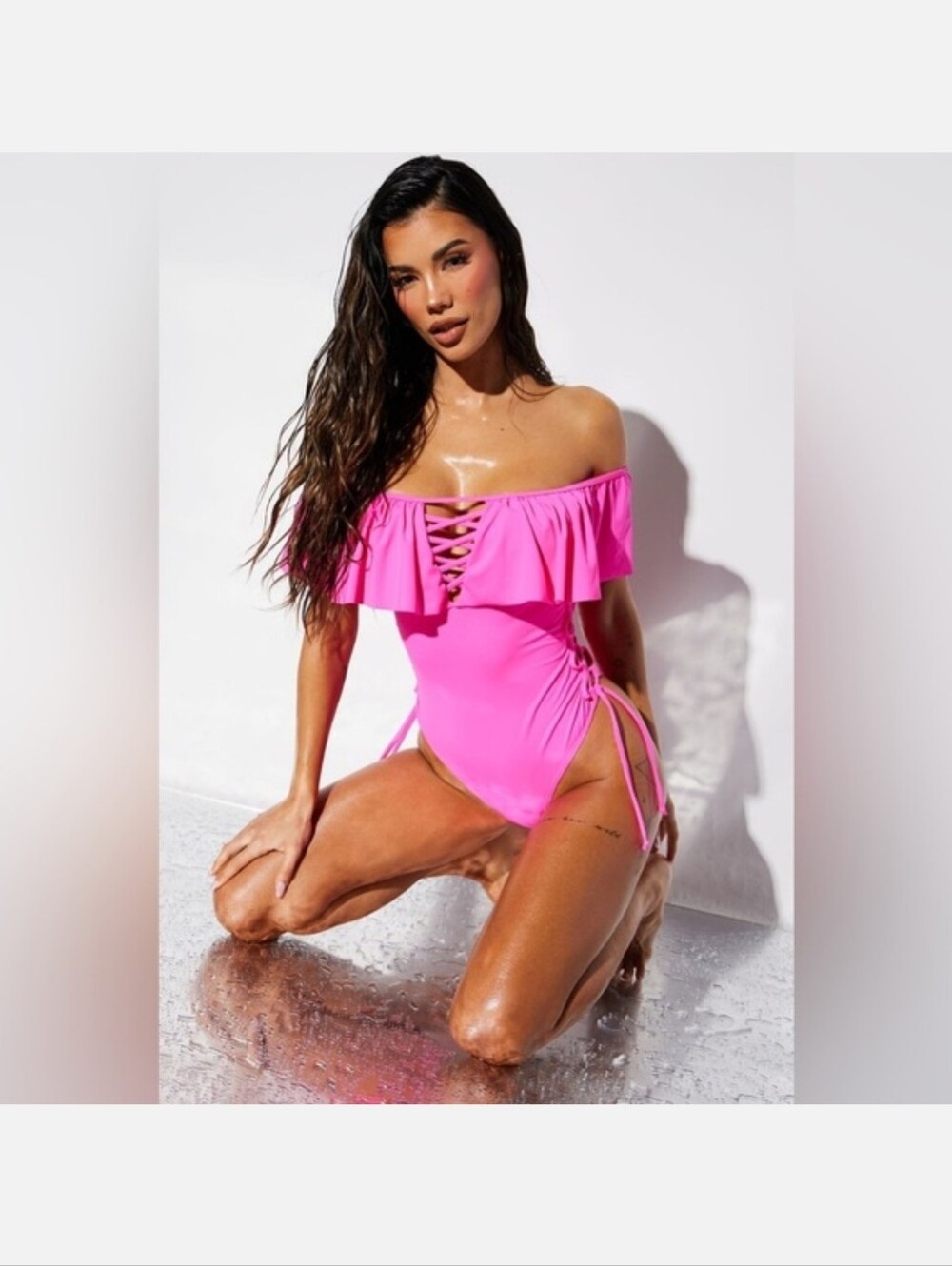 Hot Pink Off-Shoulder Lace-Up One-Piece Swimsuit